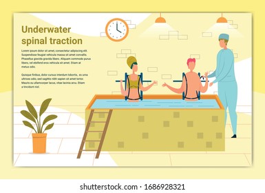 Underwater Spinal Traction Banner. Doctor Helping Patient, Doing Water Procedure. Man And Woman With Special Equipment In Room. Decompression Therapy Flat Cartoon Vector Illustration.