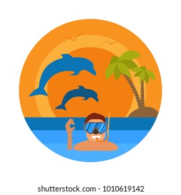 Underwater sportsman with mask and flippers. Scuba diver man in round diving suit icon. Summer diving concept with diver in wetsuit and undersea elements: snorkel, dolphin. Vector illustration