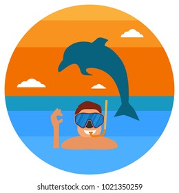 Underwater sportsman with mask and flippers. Scuba diver man in round diving suit icon. Summer diving concept with diver in wetsuit and undersea elements: snorkel, dolphin. Vector illustration
