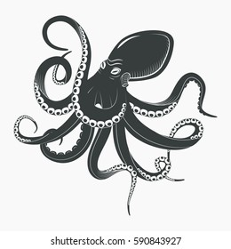 Underwater squid with tentacles or ocean octopus with suction cups. Aquarium spineless monster or mollusk predator, black cartoon octopoda. Seafood mascot or tattoo, biology and swimming life theme