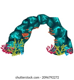 Underwater stone arch with algae and corals. Design element. vector illustration isolated on white background