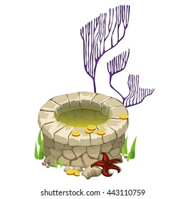 Underwater stone well with coral polyps, sea star and gold coins. Vector illustration.