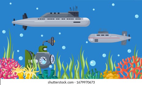 Underwater submarines boats vector illustration banner. Deep sea nautical cartoon ships vehicles in sea or ocean. Various research and military submarines. Algae, coral, air bubbles.