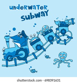 underwater subway - vector illustration for children - monochrome style.