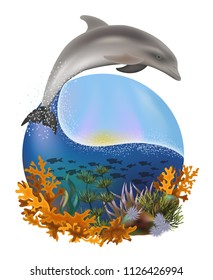 Underwater summer card with dolphin, vector illustration