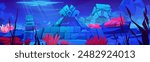 Underwater sunken lost city with stone temple and architecture on sea bottom with corals and algae. Cartoon vector undersea landscape with fantasy Atlantis ruins. Ancient legend civilization building.