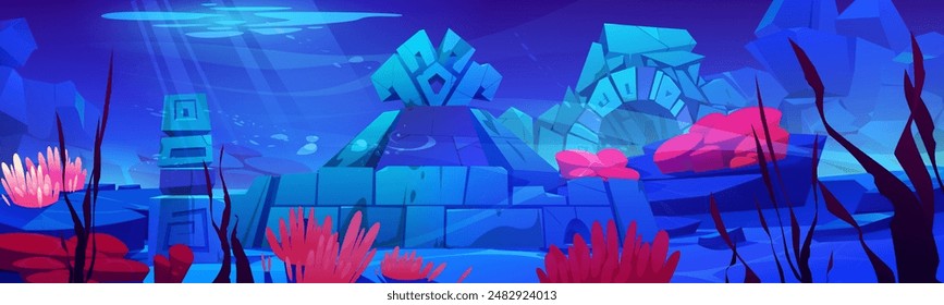 Underwater sunken lost city with stone temple and architecture on sea bottom with corals and algae. Cartoon vector undersea landscape with fantasy Atlantis ruins. Ancient legend civilization building.