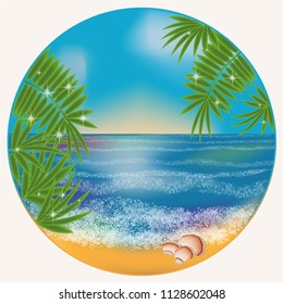 Underwater sunrise card with shell and palm , vector illustration