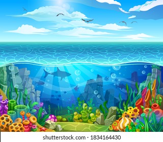 Underwater and surface marine world. Colorful algae, corals, sponges, rocks and fish on the underwater reef.