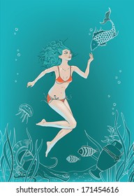 underwater swimmer with fish and octopus