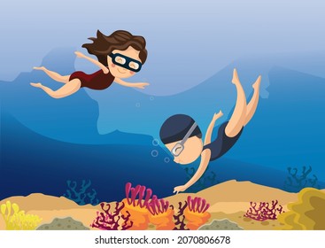 Underwater swimmers, scuba leisure snorkel. Diving in blue sea with corals. Girls swimming with mask vector characters