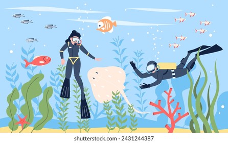 Underwater swimmers swim in ocean. Scuba diving tourists or professional. Resting and explore sea, fish and plants, flat recent vector scene