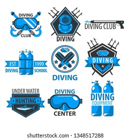 Underwater swimming equipment diving club isolated icons vector mask and harpoon oxygen balloons and flippers breathing tube and helmet Poseidon trident emblems or logo hobby and sport shark hunting