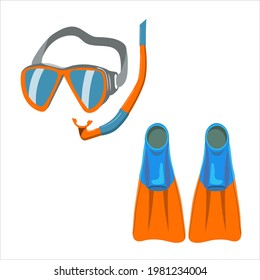 underwater swimming mask, fins, vector isolated on white background