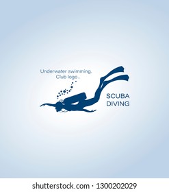 Underwater swimming. SCUBA DIVING.  Emblem, club logo. Silhouette of a diver. Sport diving concept.