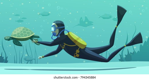 Underwater swimming with scuba diving equipment suit snorkel mask fins flat poster with sea turtle vector illustration 