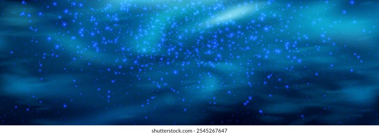 Underwater swirling bg with glowing plankton overlay effects. Dark blue marine gradient background and photofluorescent particles and microorganisms.