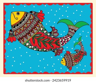 Underwater Symphony - Madhubani Painting of Exquisite Fish Life. Colorful Fish Painting in Madhubani Style, Vibrant Madhubani Wall Decor Design, Folk Art Fish Drawing from India.