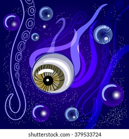 Underwater tentacled creature. Eyeball of sea monster.