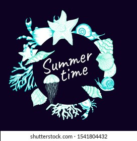 Underwater Theme. Circle Shaped Card Vector Template. Marine Creatures Gathered in Circle