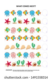 Underwater themed educational logic game training sequential pattern recognition skills: What comes next in the sequence? Answer included.