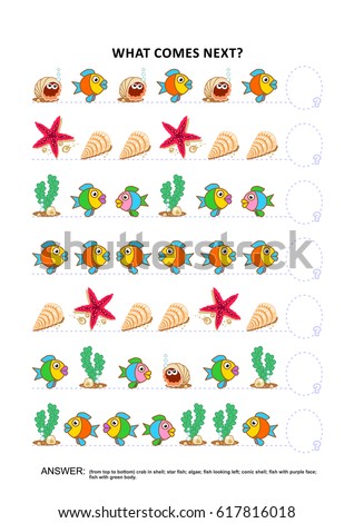 Underwater themed educational logic game training sequential pattern recognition skills: What comes next in the sequence? Answer included.
