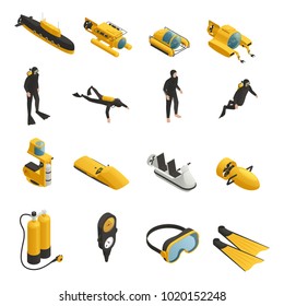 Underwater tools accessories vehicles including submarine bathyscaphe and divers equipment isometric icons collection isolated vector illustration 