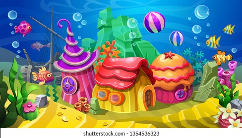 Underwater town with colorful houses. Sea bottom with sand, algaes and fishes. Vector fantastic undersea world.