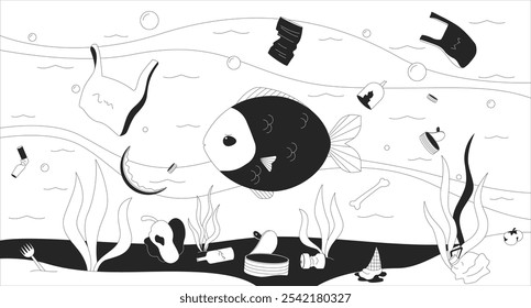 Underwater trash with fish floating black and white line illustration. Marine debris with sad seafish 2D character monochrome background. Aquatic rubbish endangered undersea outline vector image