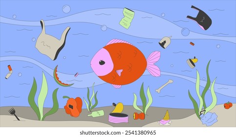 Underwater trash with fish floating flat illustration. Marine debris with sad seafish 2D character cartoon background. Environmental aquatic rubbish endangered undersea scene vector storytelling image