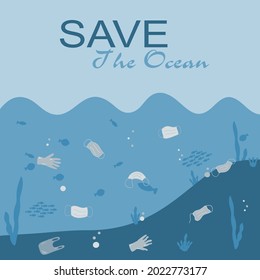 Underwater trash, ocean pollution by medical masks after a coronavirus pandemic. Environmental pollution problem.