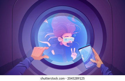 Underwater travel, woman diver wear mask, tube and oxygen balloon look inside of submarine porthole with human hands hold smartphone with navigation or area location pin, Cartoon vector illustration