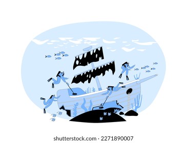 Underwater Treasure Hunting Concept. Scuba Diver Characters Search Gold on Sunken Ship Lying on Ocean Bottom