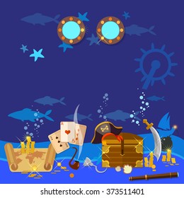 Underwater treasure pirate chest with gold vector illustration 
