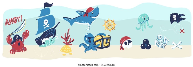 Underwater treasures. Kid nursery mural wallpaper. Vector hand drawn illustrations with pirate theme