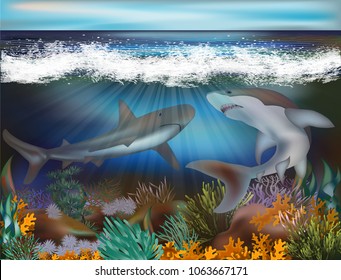 Underwater tropical background with Sharks, vector illustration