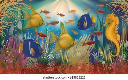 Underwater tropical background, vector illustration