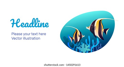 Underwater tropical banner with moorish idol fish and corals. Vector illustration in colorful style.