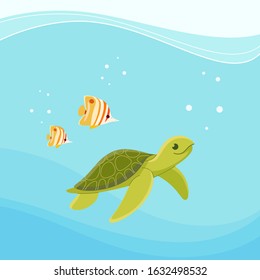Underwater tropical banner with turtle and butterfly fish. Vector illustration in colorful style.