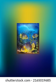 Underwater tropical card with Juvenile Queen angelfish, vector illustration