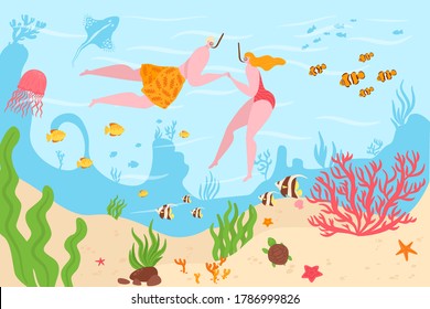 Underwater in tropical coral reefs ocean divers man and woman dive among marine fish vector illustration. Underwater swiming and diving. Summer vacation concept of sport active holidays.