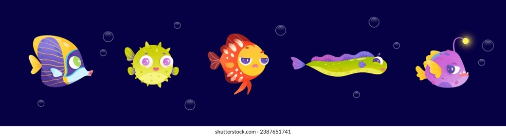 Underwater tropical fish characters set vector illustration. Cartoon isolated cute marine animals and various small creatures from deep sea water, angel, angler and puffer fishes, goldfish and muraena