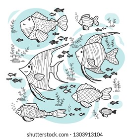 Underwater tropical fish and seaweed outline vector illustration. Ocean cute animals and marine plants in water. Exotic small fish with ornaments swimming design element. Sea nature composition