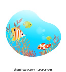 Underwater tropical round banner with butterfly fish and clown fish. Vector illustration with coral fish in colorful style.