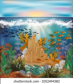 Underwater tropical wallpaper with sand castle, vector illustration