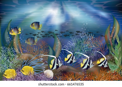 Underwater tropical wallpaper, vector illustration