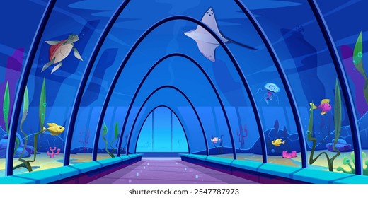 Túnel subaquático em oceanário, colorido mundo subaquático com peixes, algas, corais, tartaruga, peixe arraia. Cúpula arqueada de vidro, salão de aquário, lugar turístico, passeio educacional. Caricatura vetorial.