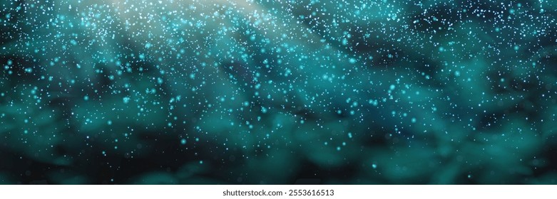 Underwater turquoise blue gradient background with glow and overlay effects. Soft gradient background with photo fluorescent plankton and microorganisms.