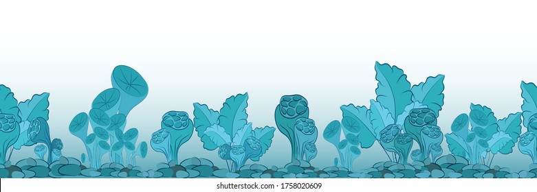 Underwater, turquoise blue, seamless, horizontal background in the form of algae, coral and stones. Cartoon. Vector illustration