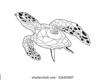 Underwater turtle, isolated on white background. For coloring book.